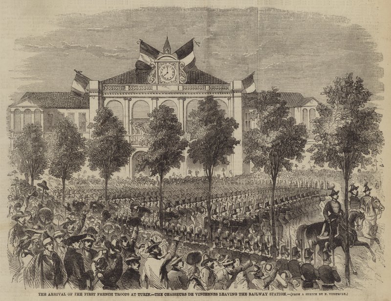 وصول القوات الفرنسية الأولى إلى تورينو ، مغادرة مطار Chasseurs de Vincennes محطة السكة الحديد بواسطة فرانك فيزيتيلي
