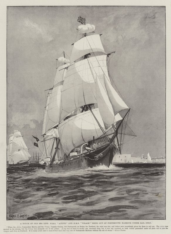 لمسة من حياة البحر القديمة ، HMS Active و HMS Volage الخروج من ميناء بورتسموث تحت الإبحار فقط بواسطة فريد ت. جين