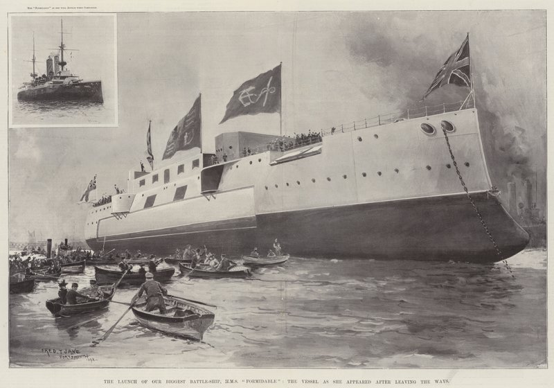 إطلاق أكبر سفينة قتال لدينا ، HMS Formidable ، السفينة كما ظهرت بعد مغادرة الطرق بواسطة فريد ت. جين