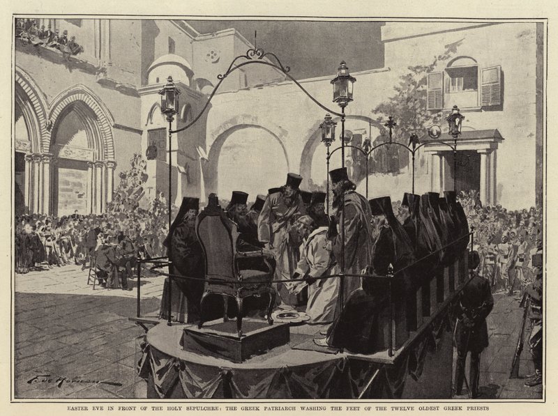 عيد الفصح أمام القبر المقدس ، البطريرك اليوناني يغسل أقدام اثني عشر أقدم كهنة يونانيين بواسطة فريدريك دي هاينين