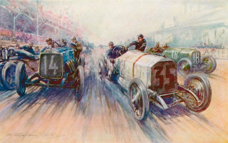 Lautenschlager White Mercedes في 1908 Grand Prix ، وهو سباق تم فيه إنفاق الإطارات بكميات كبيرة (لون litho) بواسطة فريدريك جوردون (بعد) كروسبي