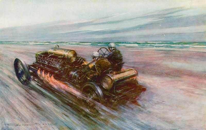 "200" Darracq الشهيرة التي حقق بها السير ألجرنون غينيس ، بارت ، 120 ميلاً في الساعة في عام 1908 (لون ليثو) بواسطة فريدريك جوردون (بعد) كروسبي