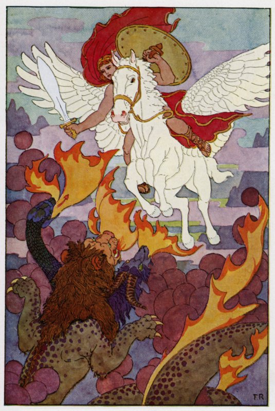 بدأ Pegasus يمينًا نحو رأس Chimera ذي الثلاثة أضعاف (لون الحجر الصخري) بواسطة فريدريك ريتشاردسون