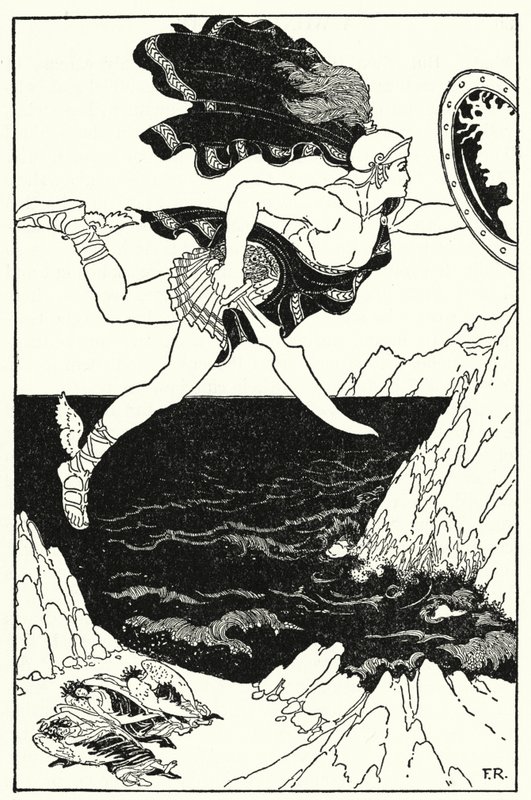 طار Perseus بحذر إلى الأسفل ، مع إبقاء عينيه على وجه Medusa ، كما ينعكس في درعه (litho) بواسطة فريدريك ريتشاردسون