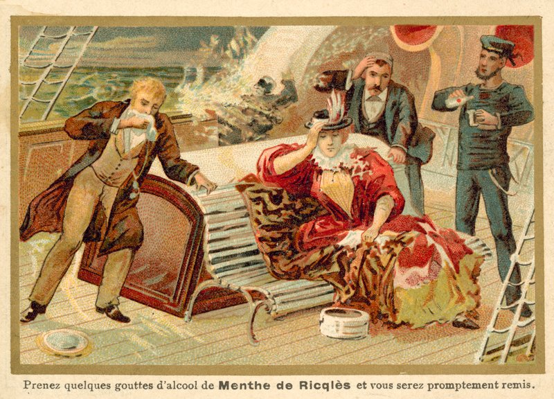يعطى الركاب على متن سفينة روح النعناع Ricqles لعلاج دوار البحر الخاص بهم بواسطة المدرسة الفرنسية