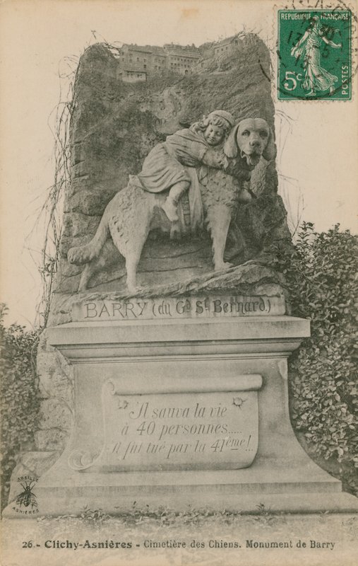 Clichy-Asnieres - Cimetiere des Chiens. نصب باري. أُرسلت البطاقة البريدية عام 1913. بواسطة مصور فرنسي