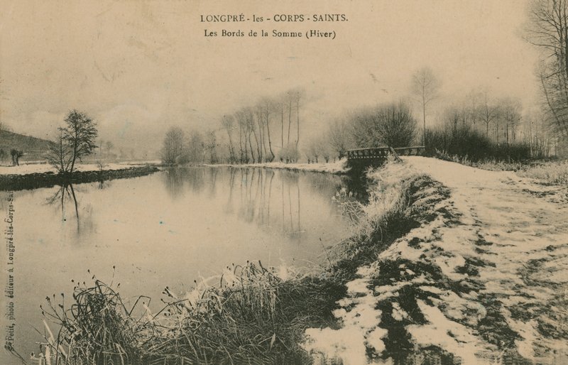 Longpre-les-Corps-Saints - ضفاف السوم في الشتاء. أُرسلت البطاقة البريدية عام 1913. بواسطة مصور فرنسي