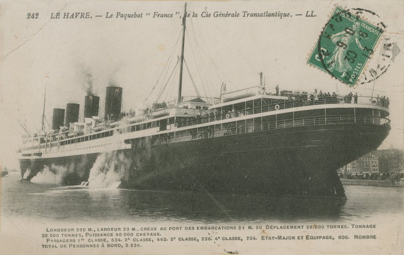 بطانة المحيط فرنسا ، لوهافر. أُرسلت البطاقة البريدية عام 1913. بواسطة مصور فرنسي