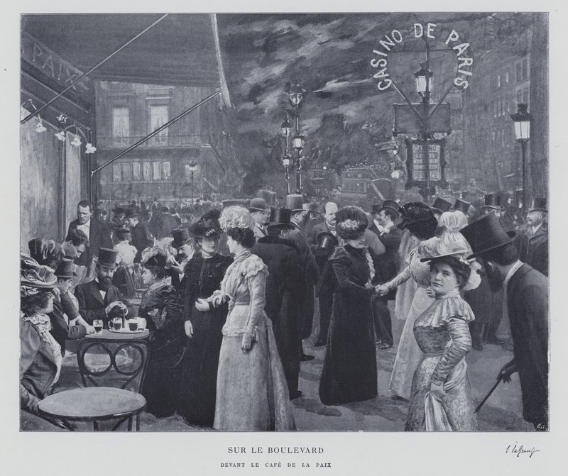 في الجادة خارج Cafe de la Paix ، باريس (b / w photo) بواسطة مصور فرنسي
