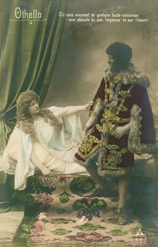 عطيل مع ديزمونا. مشهد من مسرحية ويليام شكسبير المأساوية المكتوبة حوالي 1603. أرسلت بطاقة بريدية في عام 1913. بواسطة مصور فرنسي