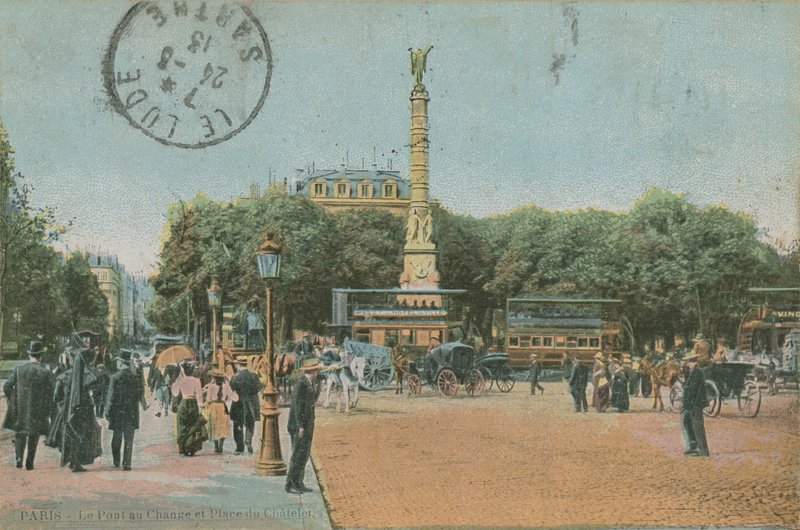 باريس - Pont au Change و Place du Chatelet. أُرسلت البطاقة البريدية عام 1913. بواسطة مصور فرنسي