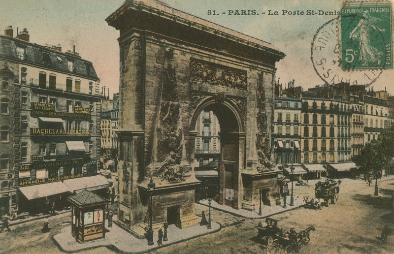 بورت سانت دينيس في باريس ، فرنسا. أُرسلت البطاقة البريدية عام 1913. بواسطة مصور فرنسي
