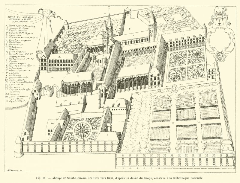 دير سان جيرمان دي بري حوالي عام 1630 ، من رسم زمني ، محفوظ في المكتبة الوطنية بواسطة المدرسة الفرنسية