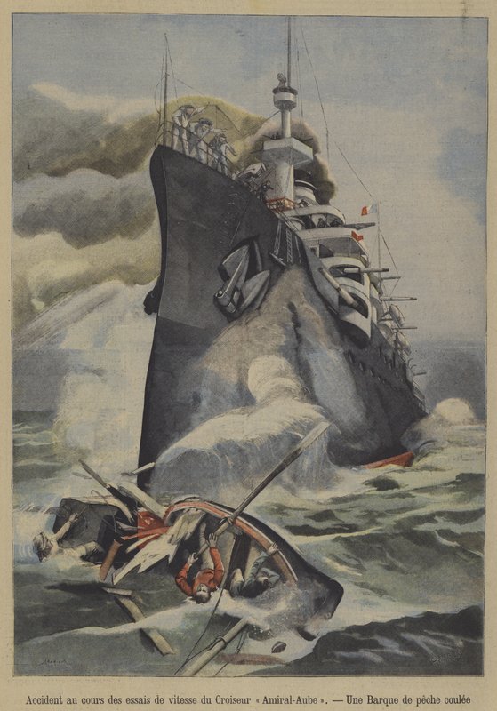 الغرق العرضي لقارب صيد من قبل الطراد الفرنسي المدرع Admiral Aube أثناء تجارب السرعة (اللون الليثو) بواسطة المدرسة الفرنسية