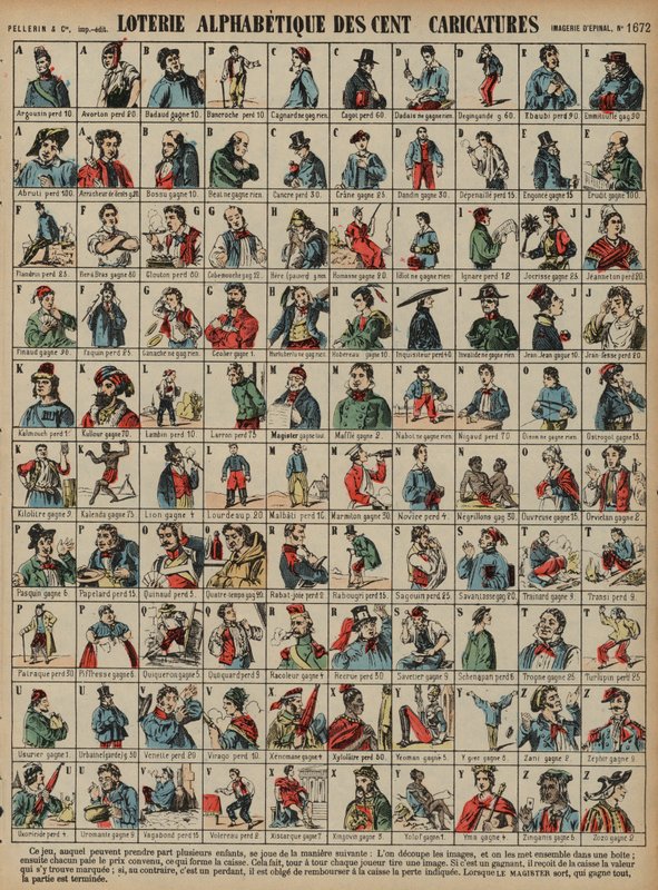 Alphabetical lottery of a hundred caricatures (coloured engraving) بواسطة المدرسة الفرنسية