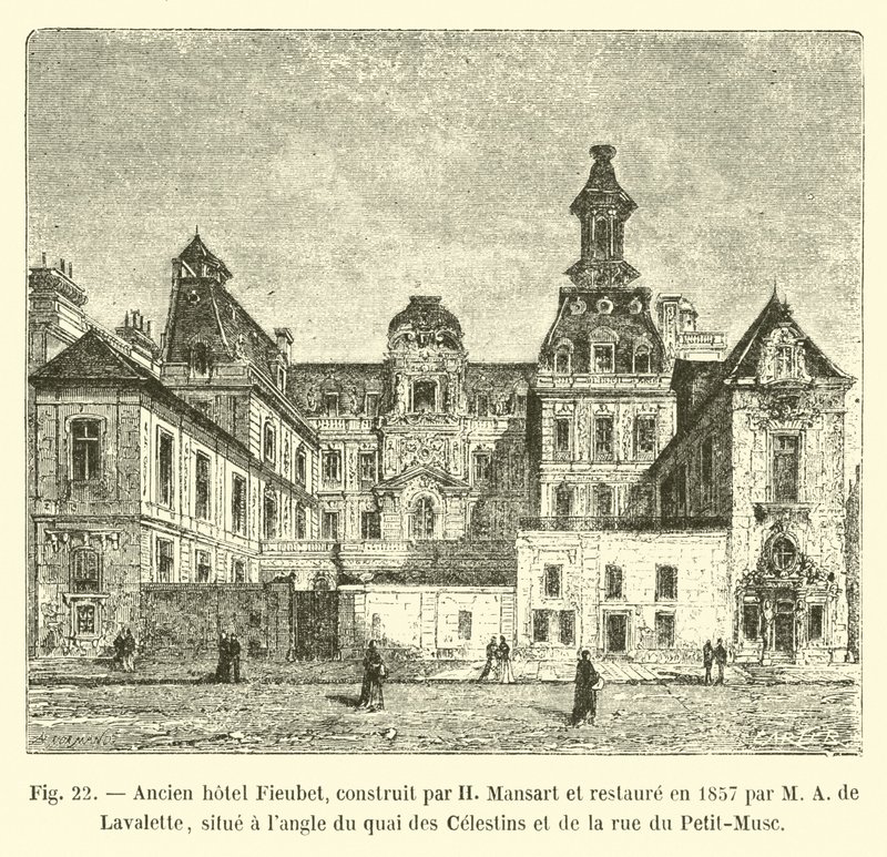 فندق Fieubet السابق ، بناه H Mansart وتم ترميمه في عام 1857 بواسطة MA de Lavalette ، الذي يقع في زاوية Quai des Celestins وشارع Petit-Musc بواسطة المدرسة الفرنسية