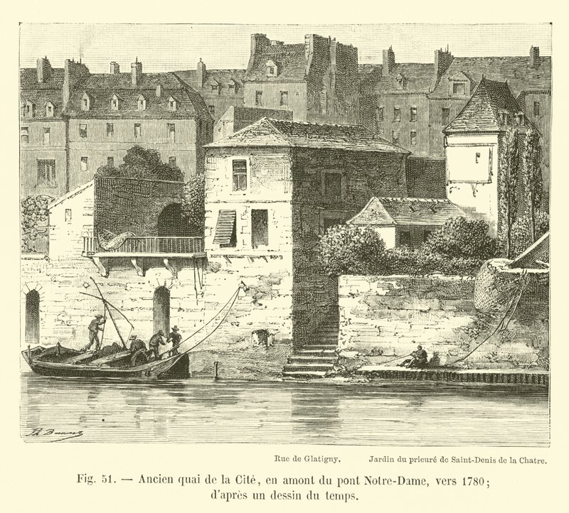السابق Quai de la Cite ، أعلى المنبع من جسر Notre-Dame ، حوالي عام 1780 ؛ من رسم الزمن بواسطة المدرسة الفرنسية