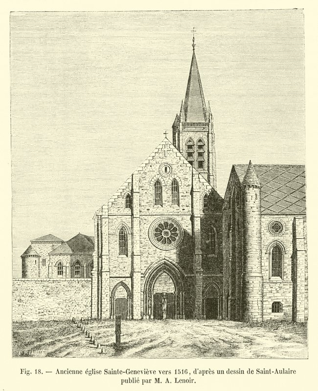 كنيسة Sainte-Genevieve السابقة حوالي عام 1516 ، بعد رسم رسمه Saint-Aulaire نشره MA Lenoir بواسطة المدرسة الفرنسية