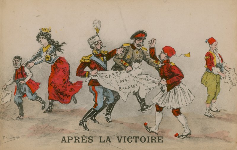 Apres La Victoire ، كارتون سياسي عن البلقان. أُرسلت البطاقة البريدية في 14 يونيو 1913. بواسطة المدرسة الفرنسية