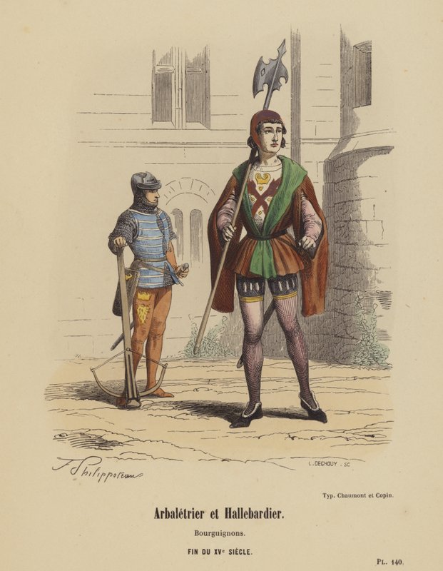 Arbaletrier et Hallebardier, Bourguignons, Fin Du XVe Siecle (coloured engraving) بواسطة المدرسة الفرنسية