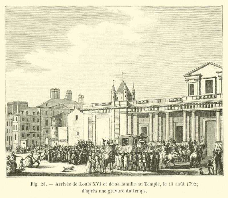 وصول لويس السادس عشر وعائلته إلى المعبد ، 13 أغسطس 1792 ؛ من نقش الوقت بواسطة المدرسة الفرنسية