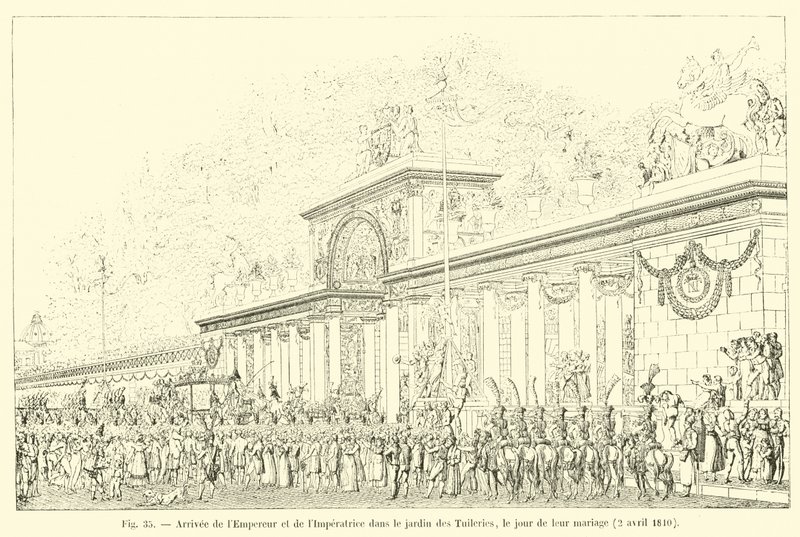 وصول الإمبراطور والإمبراطورة إلى حديقة التويلري ، في يوم زفافهما ، 2 أبريل 1810 بواسطة المدرسة الفرنسية