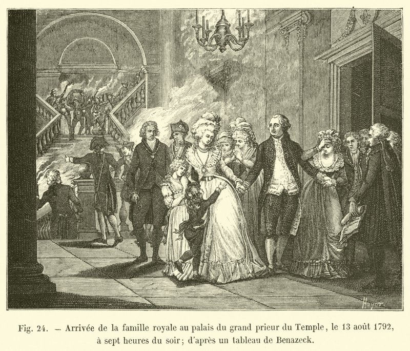 وصول العائلة المالكة إلى قصر المعبد الكبير ، 13 أغسطس 1792 ، الساعة السابعة مساءً ؛ من لوحة بنازيك بواسطة المدرسة الفرنسية