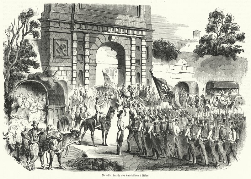 دخول القوات النمساوية ميلان ، إيطاليا ، 6 أغسطس 1848 (نقش) بواسطة المدرسة الفرنسية