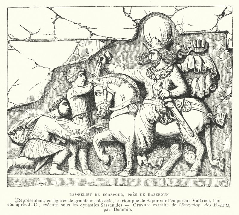 Bas-relief near Kazerun, Iran, depicting the victory of the Sasanian king Shapur I over the Roman Emperor Valerian at the Battle of Edessa, 260 (engraving) بواسطة المدرسة الفرنسية