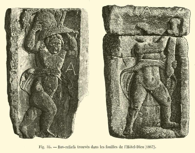 نقوش بارزة تم العثور عليها في الحفريات في فندق Dieu ، 1867 بواسطة المدرسة الفرنسية