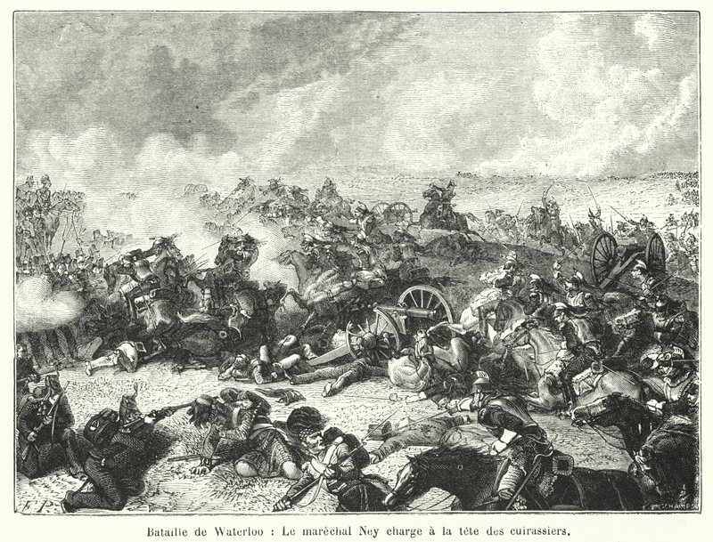 معركة واترلو ، اتهم المارشال ناي رأس cuirassiers (نقش) بواسطة المدرسة الفرنسية