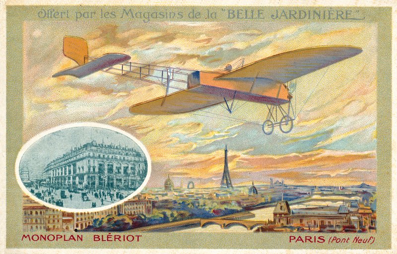 طائرة أحادية السطح Bleriot ومنظر لباريس يُظهر Pont Neuf (chromolitho) بواسطة المدرسة الفرنسية