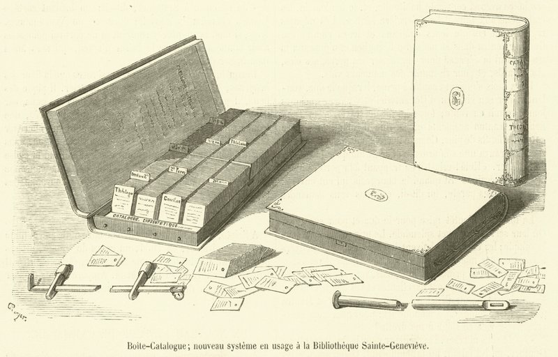 Boite-Catalogue, nouveau systeme en usage a la Bibliotheque Sainte-Genevieve (engraving) بواسطة المدرسة الفرنسية