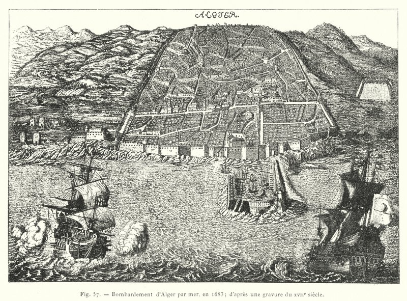 قصف الجزائر بالبحر عام 1683 ؛ من نقش من القرن السابع عشر (نقش) بواسطة المدرسة الفرنسية