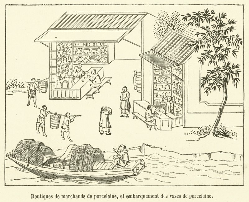 Boutiques de marchands de porcelaine, et embarquement des vases de porcelaine (engraving) بواسطة المدرسة الفرنسية