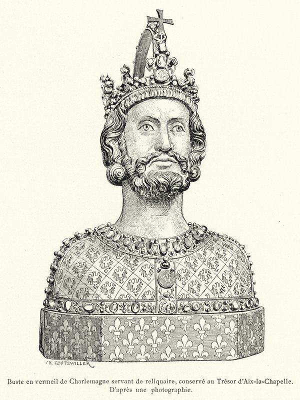 تمثال نصفي من فيرميل لشارلمان يعمل كمذخر ، محفوظ في Tresor d'Aix-la-Chapelle (نقش) بواسطة المدرسة الفرنسية