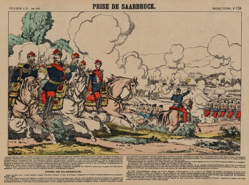 الاستيلاء على ساربروكن من قبل الحرب الفرنسية الفرنسية البروسية ، 2 أغسطس 1870 (نقش ملون) بواسطة المدرسة الفرنسية