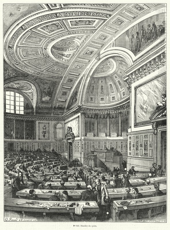 Chambre des Pairs (غرفة الأقران) ، مجلس الشيوخ بالبرلمان الفرنسي من عام 1814 حتى إلغائه بعد ثورة 1848 (نقش) بواسطة المدرسة الفرنسية