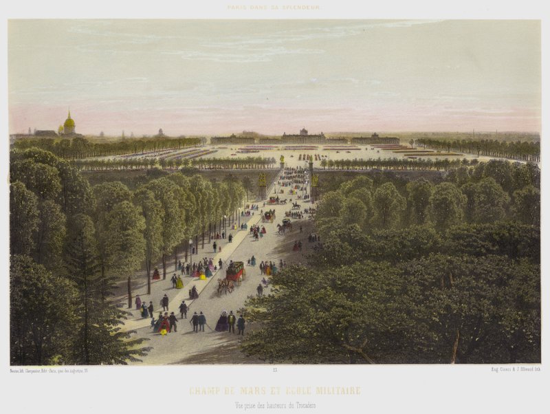 مدرسة Champ De Mars والمدرسة العسكرية ، منظر مأخوذ من مرتفعات Trocadero (لون ليثو) بواسطة المدرسة الفرنسية