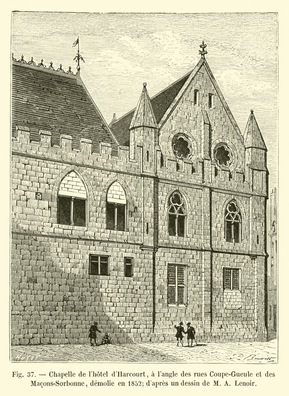 مصلى فندق هاركورت ، عند زاوية شوارع كوبيه-جولي وماكونس سوربون ، التي هدمت في عام 1852 ؛ من رسم MA Lenoir بواسطة المدرسة الفرنسية