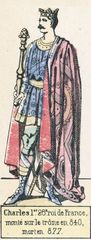 Charles 1er, 26e roi de France, monte sur le trone en 840, mort en 877 (coloured engraving) بواسطة المدرسة الفرنسية