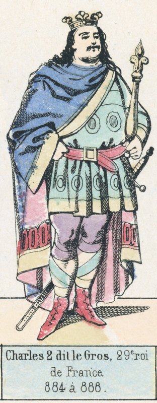 Charles 2 dit le Gros, 29e roi de France, 884 a 888 (coloured engraving) بواسطة المدرسة الفرنسية