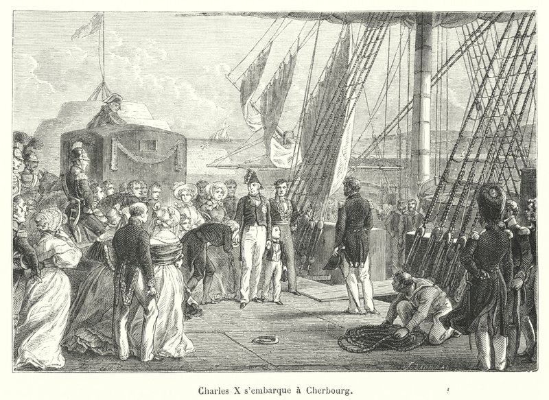 Charles X s'embarque a Cherbourg (نقش) بواسطة المدرسة الفرنسية