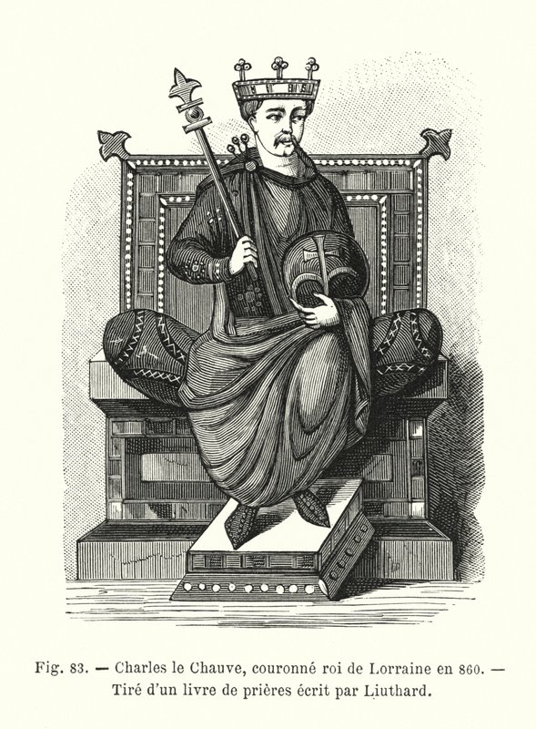 تشارلز الأصلع ، ملك لورين عام 860 ، من كتاب صلاة كتبه ليوتارد (نقش) بواسطة المدرسة الفرنسية