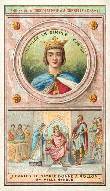 Charles the Simple giving his daughter Gisele to Rollo of Normandy in marriage, 911 (chromolitho) بواسطة المدرسة الفرنسية