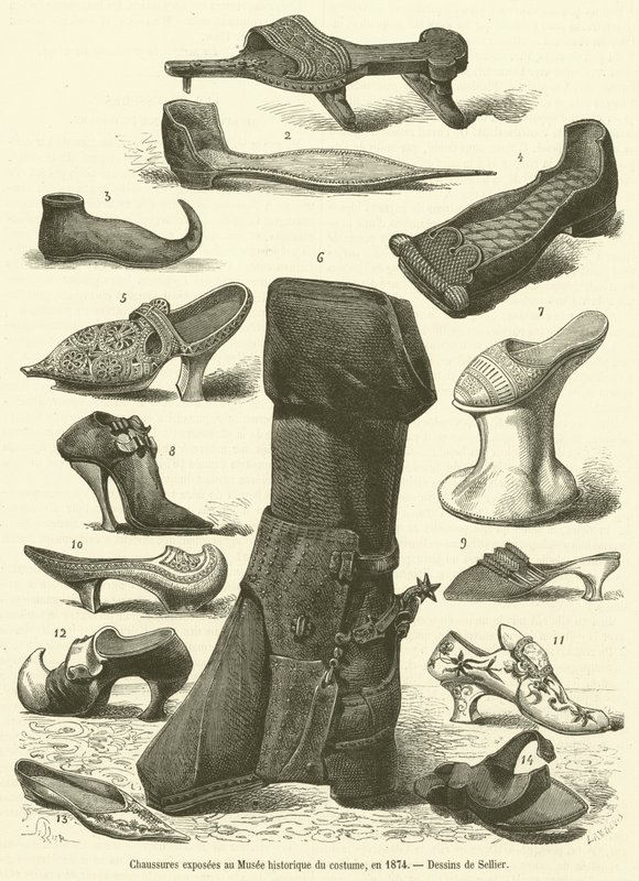 عرضت الأحذية في المتحف التاريخي للأزياء عام 1874 (نقش) بواسطة المدرسة الفرنسية