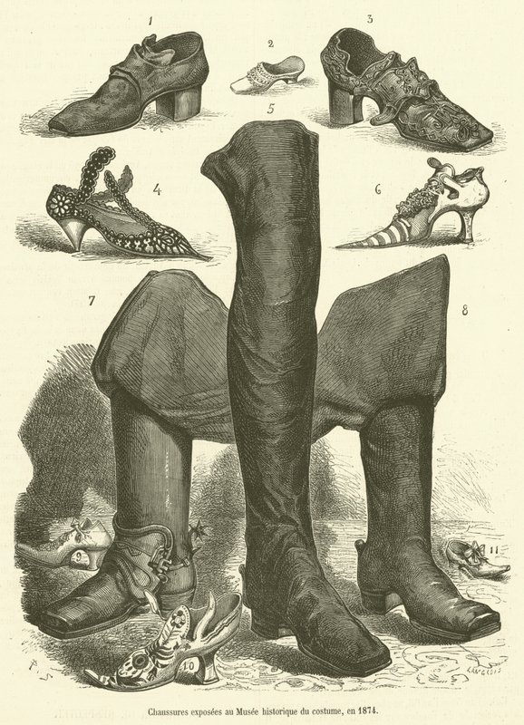 عرضت الأحذية في المتحف التاريخي للأزياء عام 1874 (نقش) بواسطة المدرسة الفرنسية