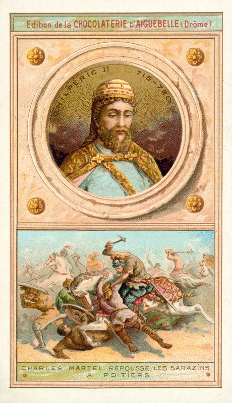 Chilperic II ، و Charles Martel ينتصر على Moors في Poitiers ، 732 (Chromolitho) بواسطة المدرسة الفرنسية