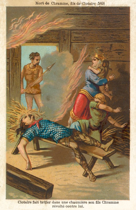 Chlothar I ، ملك الفرنجة ، حرق حتى الموت ابنه المتمرد Chram وعائلته ، 560 (Chromolitho) بواسطة المدرسة الفرنسية