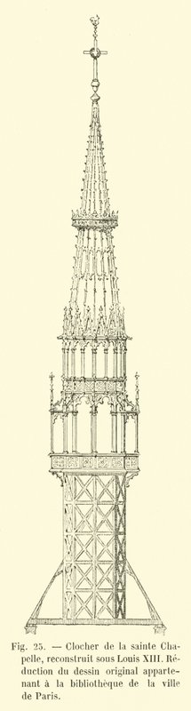 برج الجرس في Sainte Chapelle ، أعيد بناؤه في عهد لويس الثالث عشر ، تخفيض الرسم الأصلي الذي ينتمي إلى مكتبة مدينة باريس بواسطة المدرسة الفرنسية